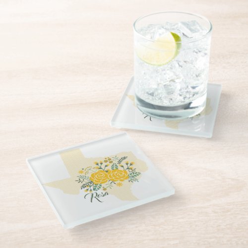 Yellow Rose of Texas _ Gingham State with Roses Glass Coaster