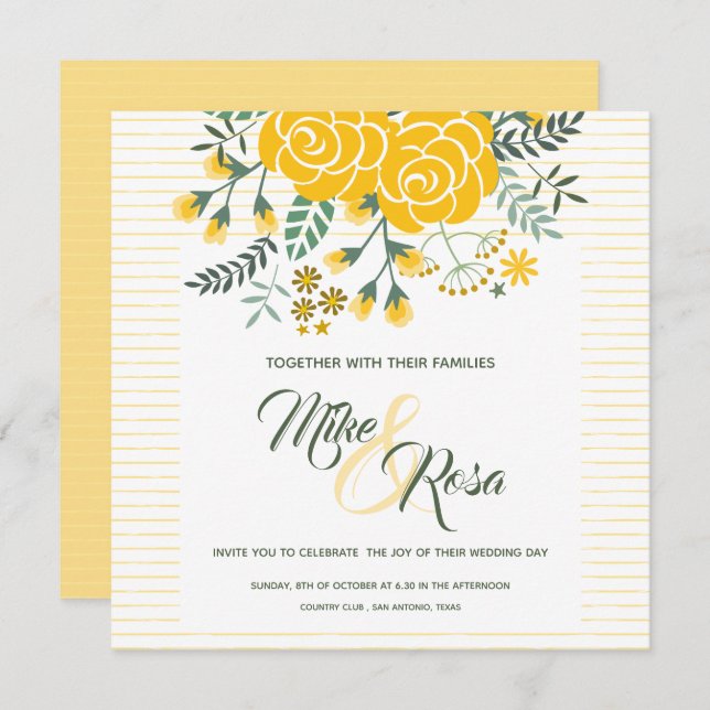 Yellow Rose of Texas - Gingham with Roses Wedding Invitation (Front/Back)