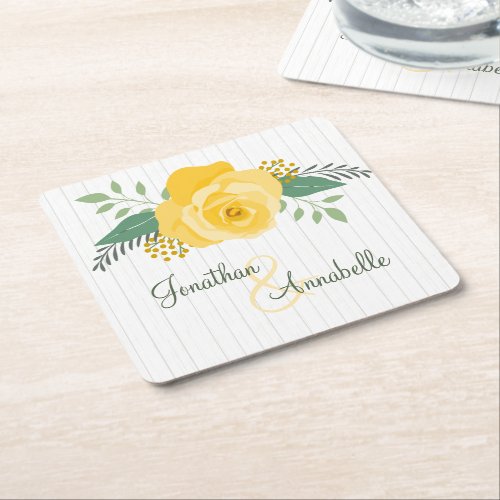 Yellow Rose of Texas Wedding Square Paper Coaster