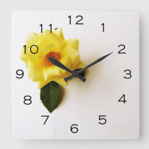 Yellow Rose On White Black Numbers wc Square Wall Clock