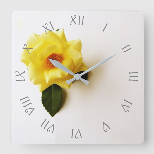 Yellow Rose On White Grey Script Roman wca Square Wall Clock (Front)