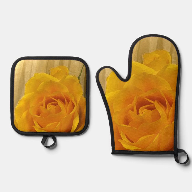 Yellow Rose Petals Oven Mitt and Pot Holder Set