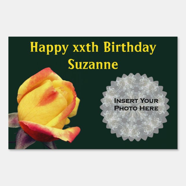 Yellow Rose Photo Happy Birthday Sign (Front)