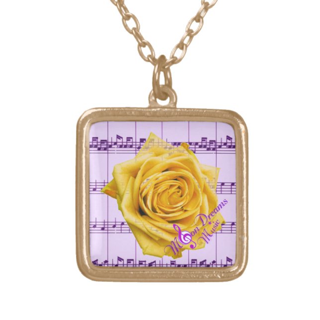 Yellow Rose Purple Music Gold Square Necklace (Front)