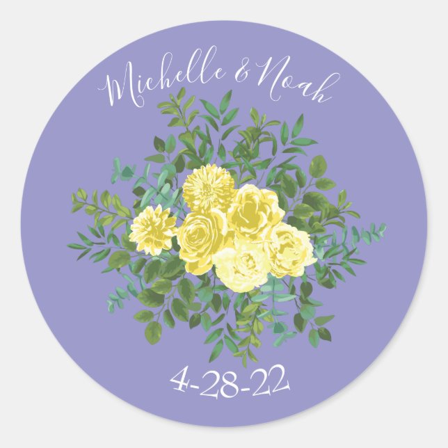 Yellow Rose & Purple Periwinkle Wedding Classic Round Sticker (Front)