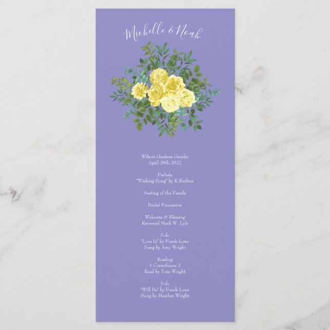 Yellow Rose & Purple Periwinkle Wedding Menu (Front)