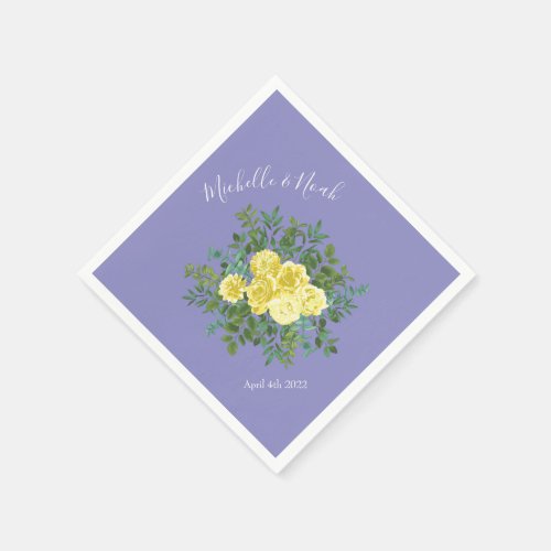 Yellow Rose  Purple Periwinkle Wedding Napkins