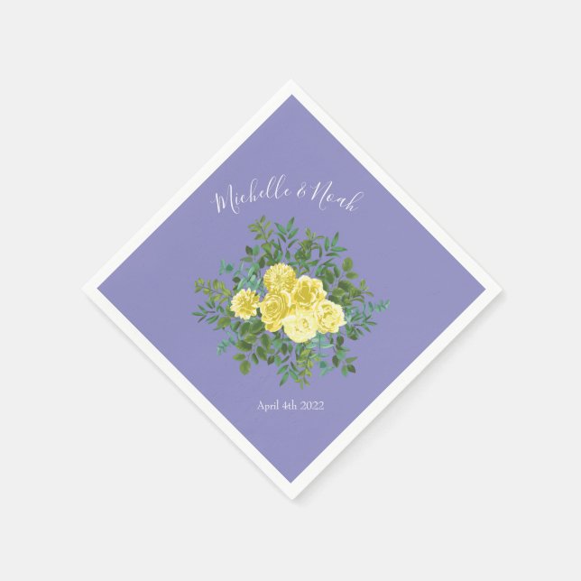 Yellow Rose & Purple Periwinkle Wedding Napkins (Corner)