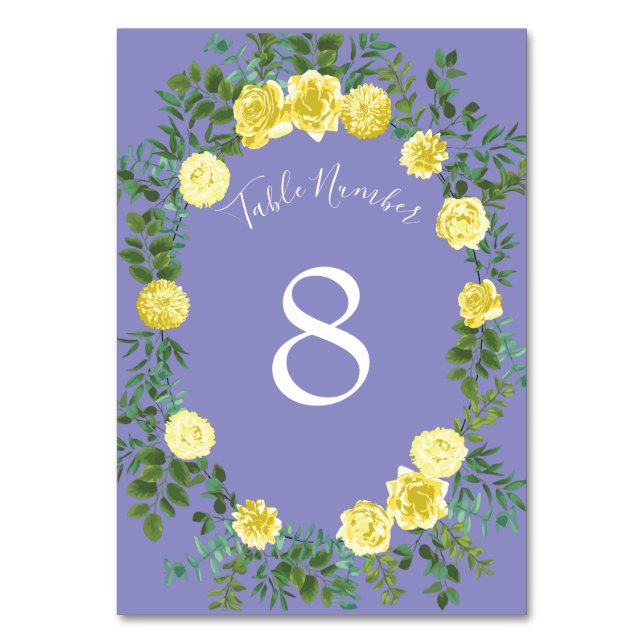 Yellow Rose & Purple Periwinkle Wedding Table Number (Back)
