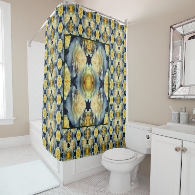 Yellow Rose Raindrops Floral Abstract Shower Curtain (In Situ)