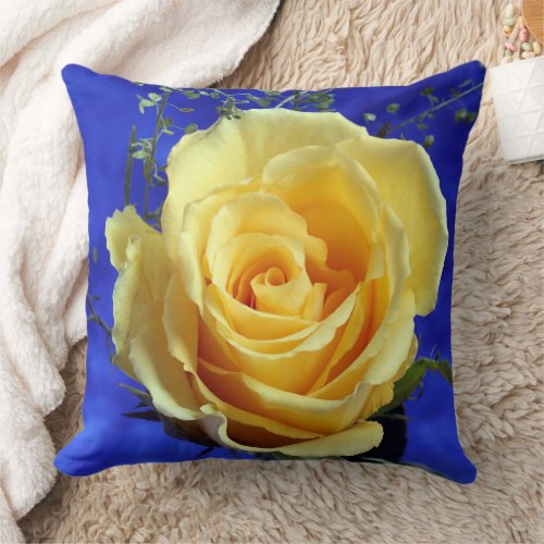 Yellow Rose Royal Blue Background Throw Pillow