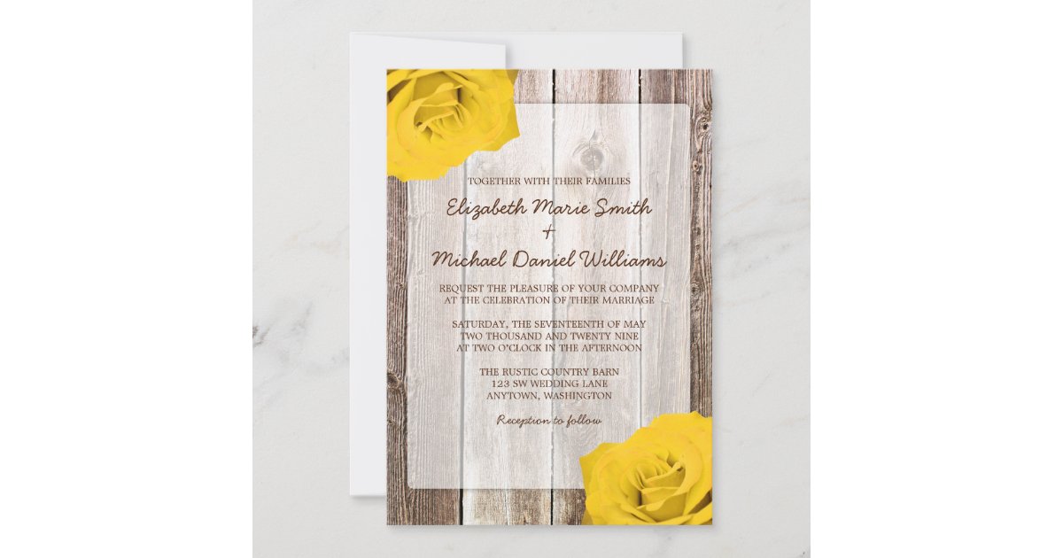 Yellow Rose Rustic Barn Wood Wedding Invitations | Zazzle
