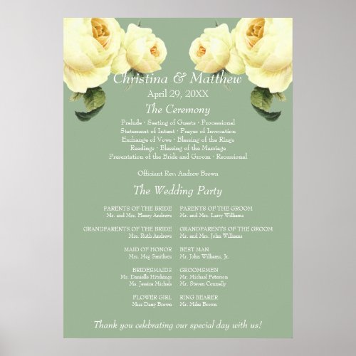 Yellow Rose sage vintage Wedding Ceremony Program Poster