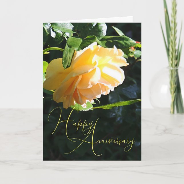 Yellow Rose Script Happy Anniversary Card (Front)
