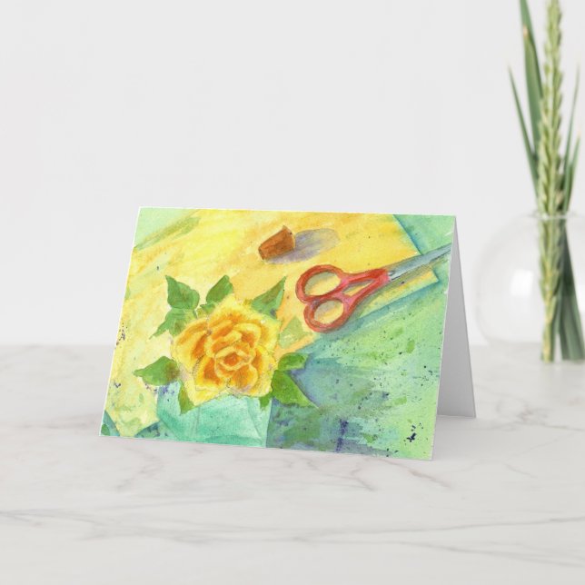 Yellow Rose Sewing Watercolor Happy Birthday Card (Front)