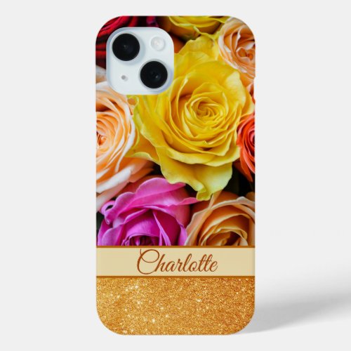 Yellow Rose Spring Floral Flower Gold Glitter Name iPhone 15 Case