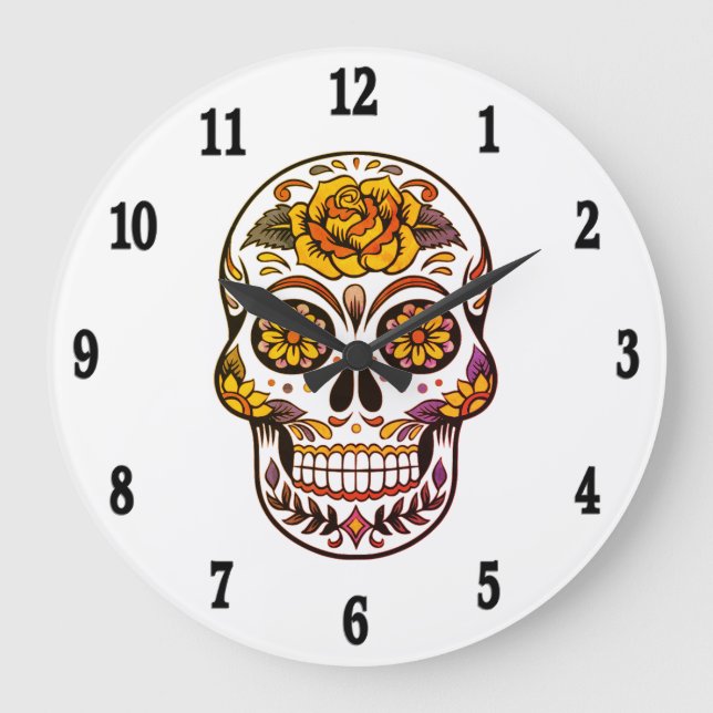 Yellow Rose Sugar Skull Black Numbers Large Clock (Front)