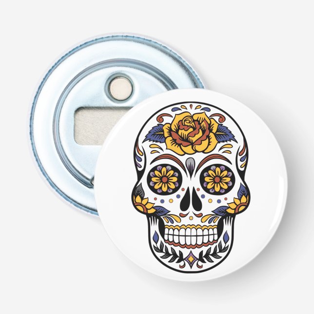 Yellow Rose Sugar Skull Bottle Opener (Front)
