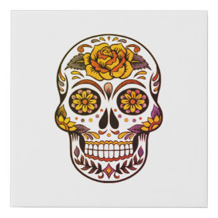Yellow Rose Sugar Skull Faux Canvas Print