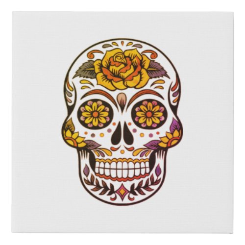 Yellow Rose Sugar Skull Faux Canvas Print