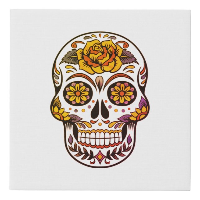 Yellow Rose Sugar Skull Faux Canvas Print (Front)