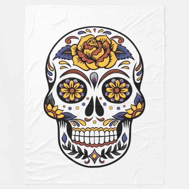 Yellow Rose Sugar Skull Fleece Blanket (Front)