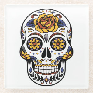 Yellow Rose Sugar Skull Glass Coaster