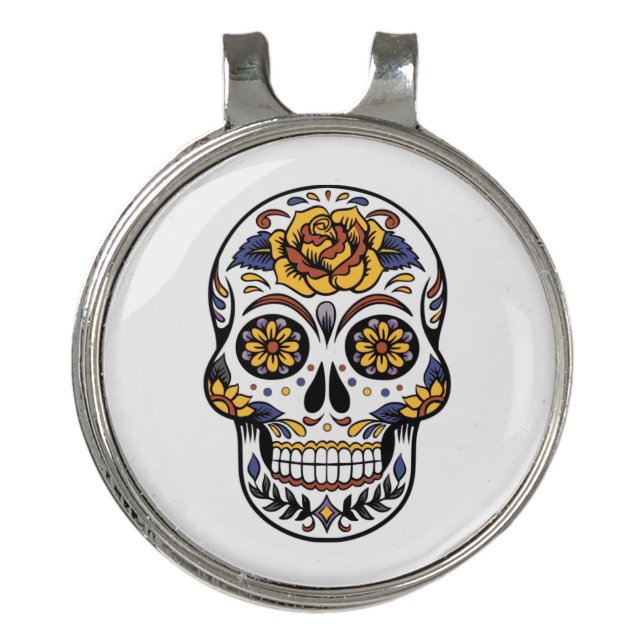 Yellow Rose Sugar Skull Golf Hat Clip (Front)