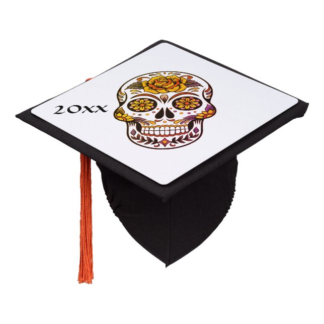 Yellow Rose Sugar Skull Graduation Cap Topper (Angled)