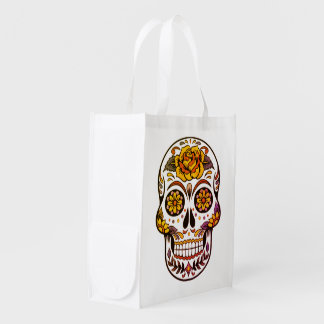 Yellow Rose Sugar Skull Grocery Bag