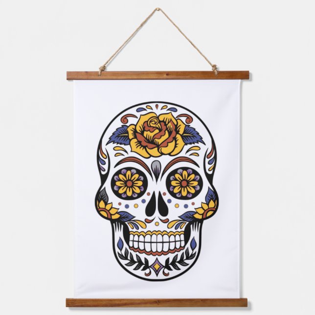 Yellow Rose Sugar Skull Hanging Tapestry (Front)