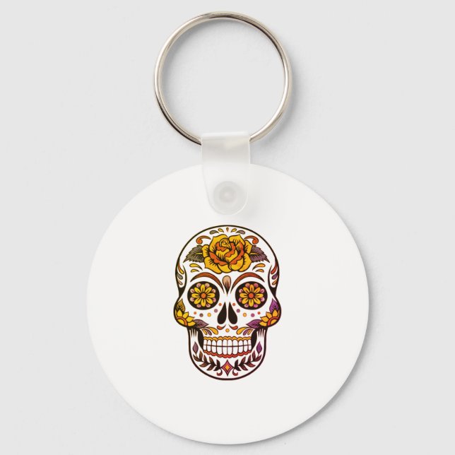 Yellow Rose Sugar Skull Keychain (Front)