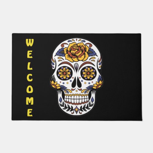 Yellow Rose Sugar Skull Monogram Doormat