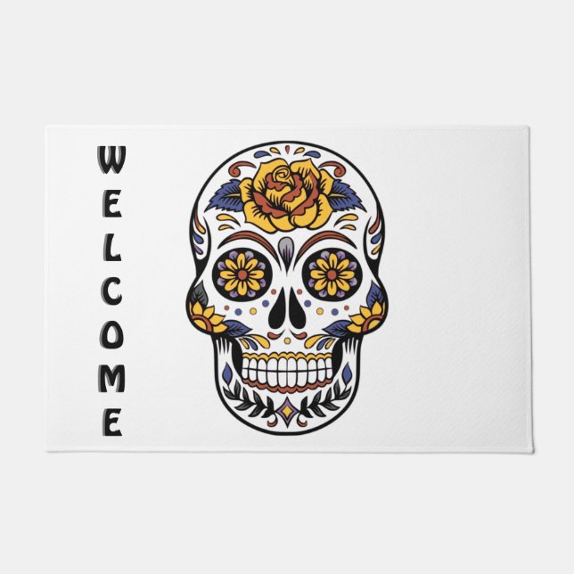 Yellow Rose Sugar Skull Monogram Doormat (Front)