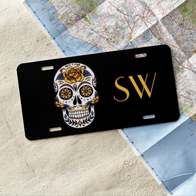 Yellow Rose Sugar Skull Monogram License Plate (In Situ)