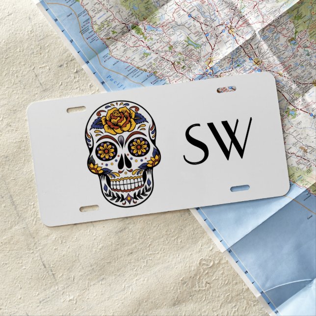 Yellow Rose Sugar Skull Monogram License Plate (In Situ)