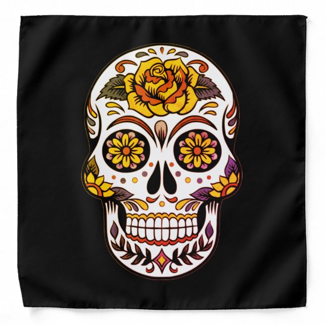 Yellow Rose Sugar Skull on Black Bandana (Front)