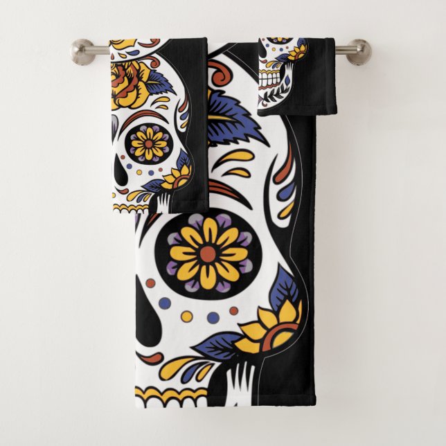 Yellow Rose Sugar Skull on Black Bath Towel Set (Insitu)