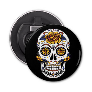 Yellow Rose Sugar Skull on Black Bottle Opener