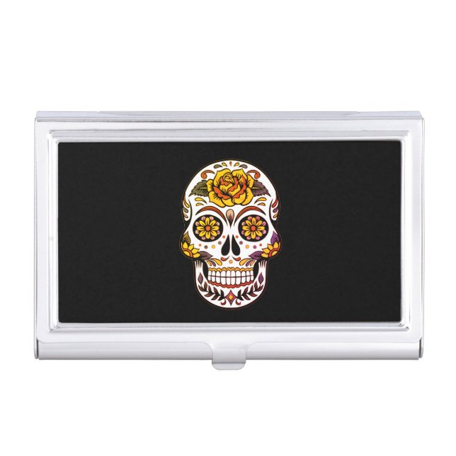 Yellow Rose Sugar Skull on Black Business Card Case (Front)