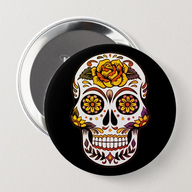 Yellow Rose Sugar Skull on Black Button (Front & Back)