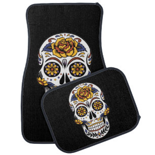 Yellow Rose Sugar Skull on Black Car Floor Mat