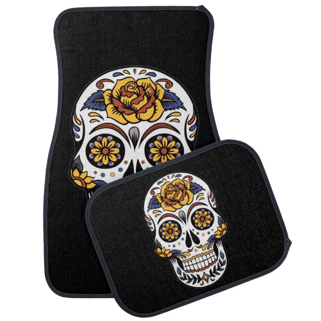 Yellow Rose Sugar Skull on Black Car Floor Mat (Set)