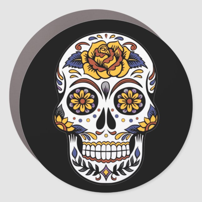 Yellow Rose Sugar Skull on Black Car Magnet (Front)