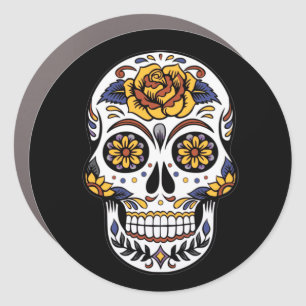 Yellow Rose Sugar Skull on Black Car Magnet