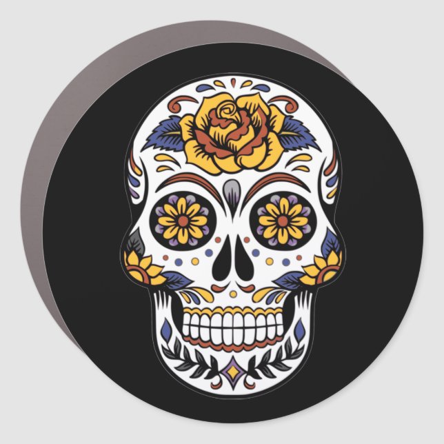 Yellow Rose Sugar Skull on Black Car Magnet (Front)