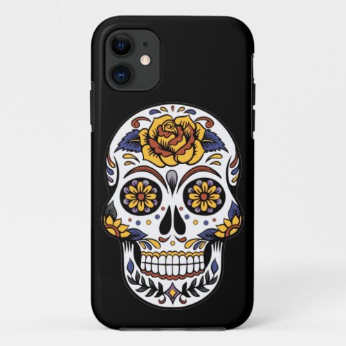 Yellow Rose Sugar Skull on Black iPhone 11 Case