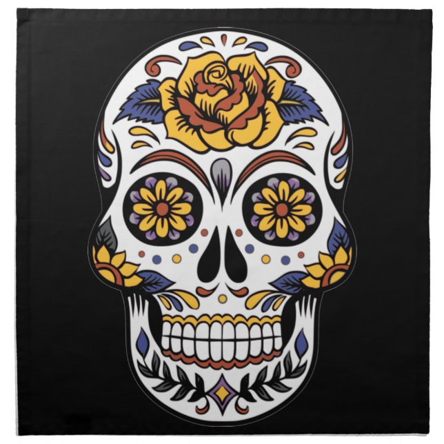 Yellow Rose Sugar Skull on Black Cloth Napkin (Front)