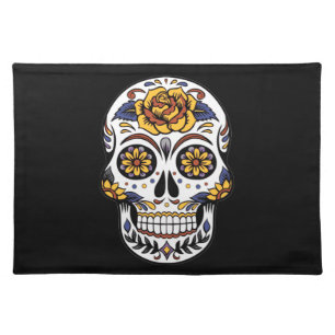 Yellow Rose Sugar Skull on Black Cloth Placemat