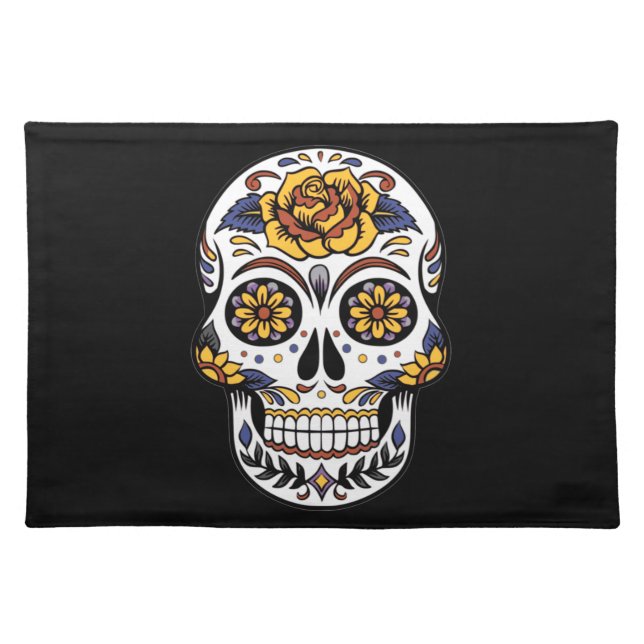 Yellow Rose Sugar Skull on Black Cloth Placemat (Front)